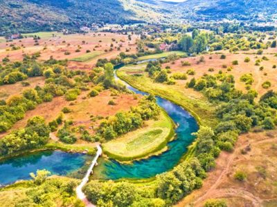 Gacka river valley aerial view, Lika region of Croatia
